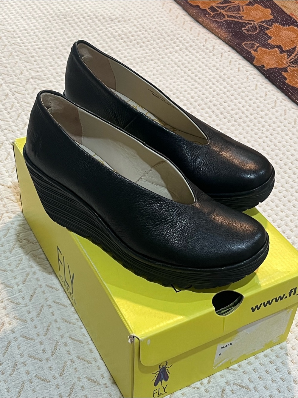Fly London Black Leather Wedge Slip-On Pumps 37